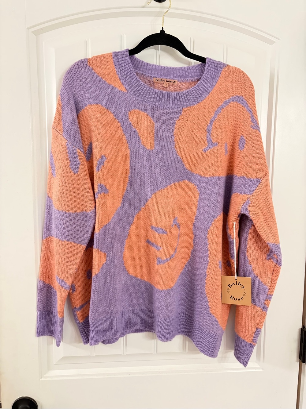 Smiley Pattern Crewneck Sweater in Lavender & Peach